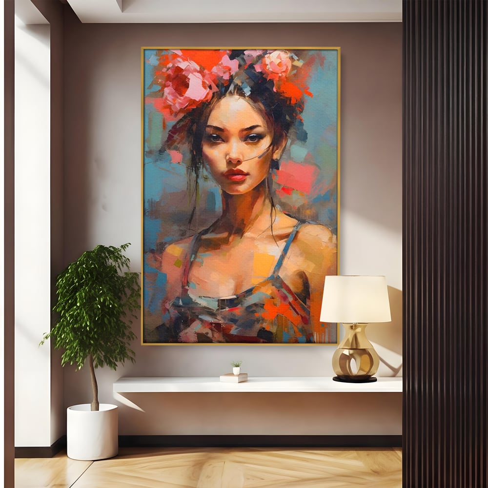 Tablou canvas cu tablou canvas cu portret de femeie, in rama de aluminiu auriu